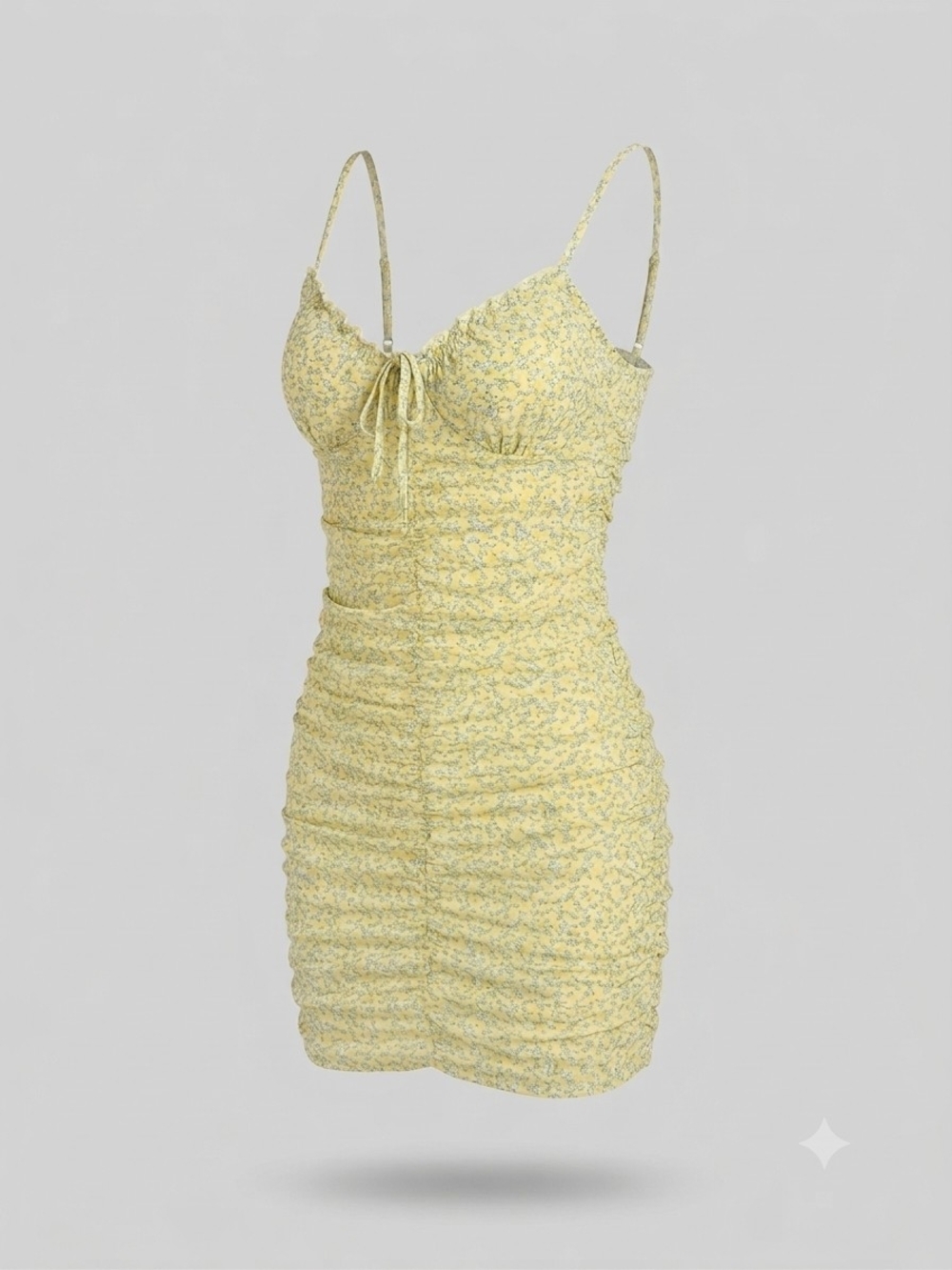 Divided Yellow Floral Ruched Mini Dress